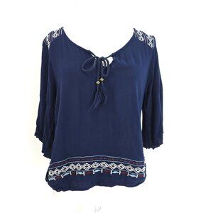 Maurices Navy Blue Aztec  Embroidere 3/4 Bell Sleeve Flowy Top Women's Size M